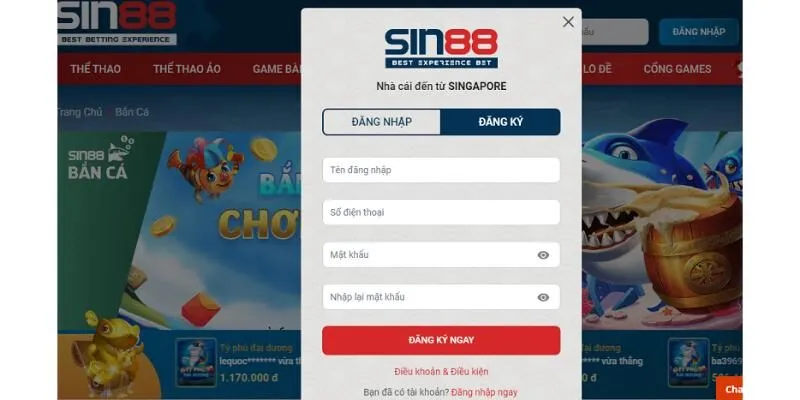 Tạo t&agrave;i khoản Sin88